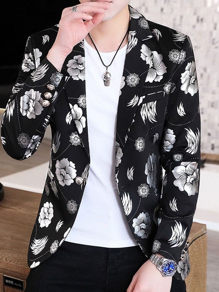 Floral Notched Revers Print Herre Fritids Blazer