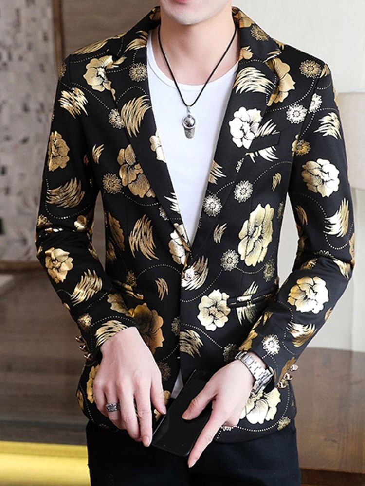 Floral Notched Revers Print Herre Fritids Blazer