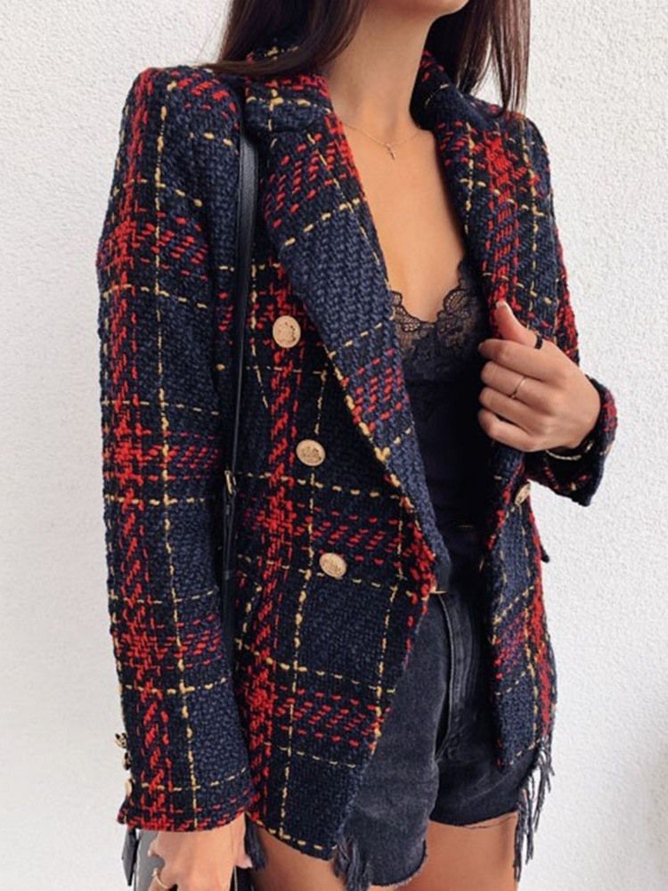 Kvinders Langærmet Dobbeltbryst Plaid Normal Mellemlang Afslappet Blazer