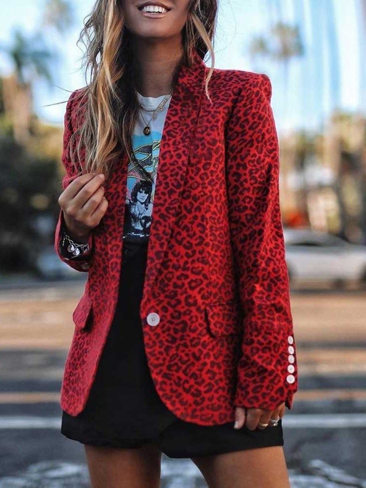 Notched Lapel Leopard Mid-length Regular Women's Casual Blazer