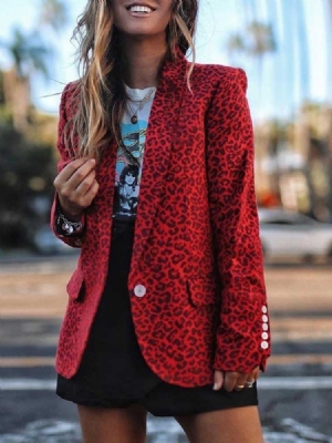 Notched Lapel Leopard Mid-length Regular Women's Casual Blazer