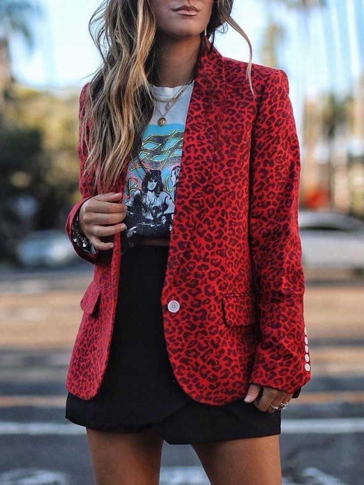 Notched Lapel Leopard Mid-length Regular Women's Casual Blazer