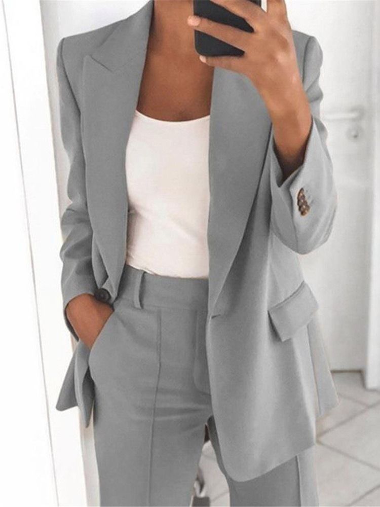 Plain Notched Revers One Button Normal Mid-length Casual Women's Blazer