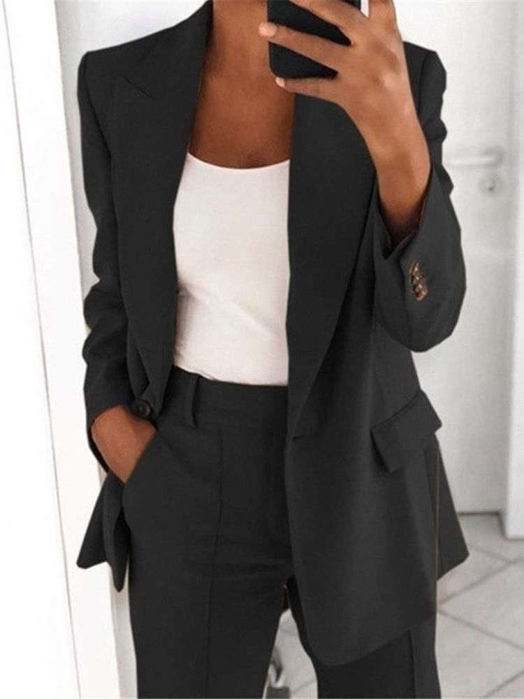 Plain Notched Revers One Button Normal Mid-length Casual Women's Blazer