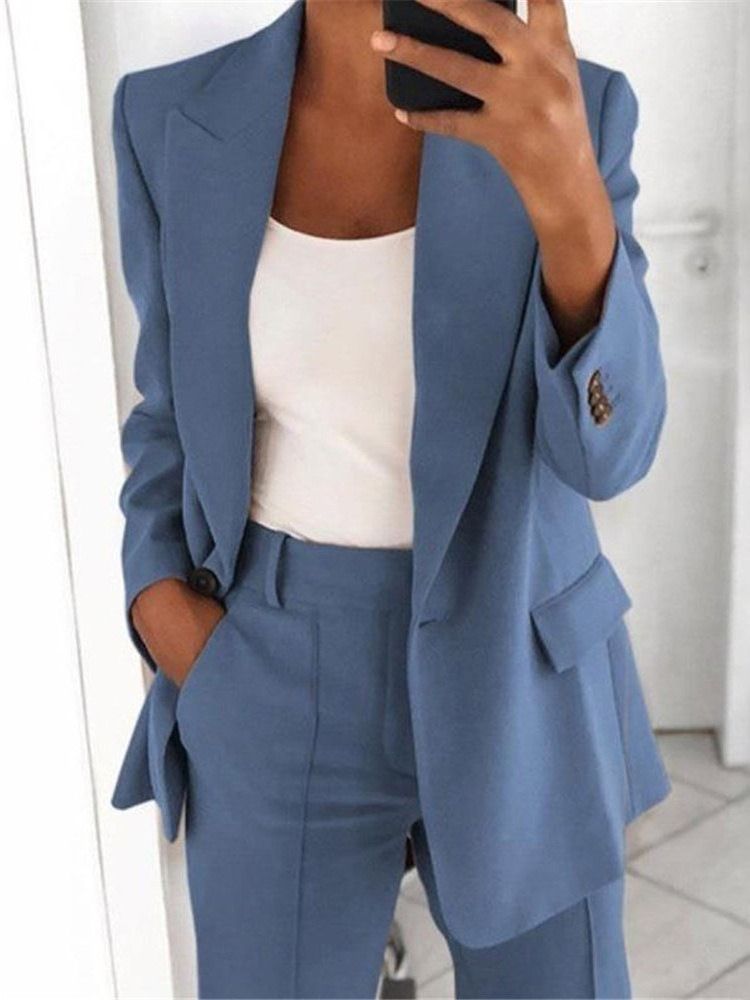 Plain Notched Revers One Button Normal Mid-length Casual Women's Blazer