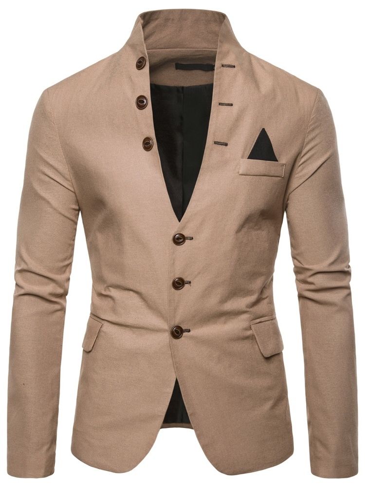 Plain Stand Collar Single-breasted Pocket Mens Casual Blazer