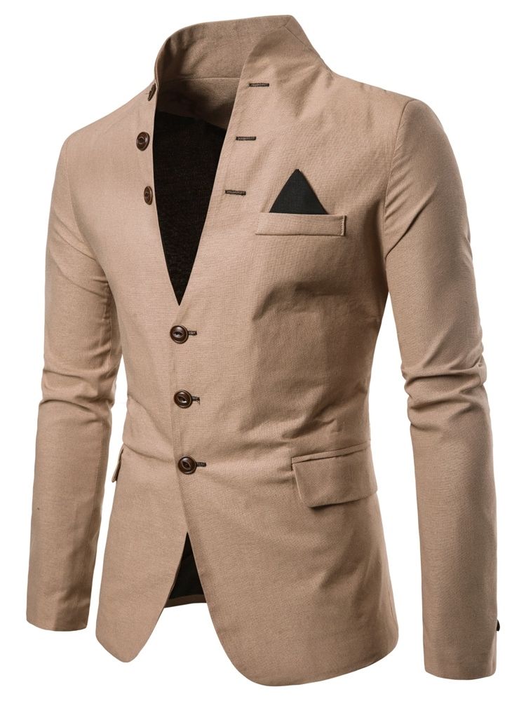 Plain Stand Collar Single-breasted Pocket Mens Casual Blazer