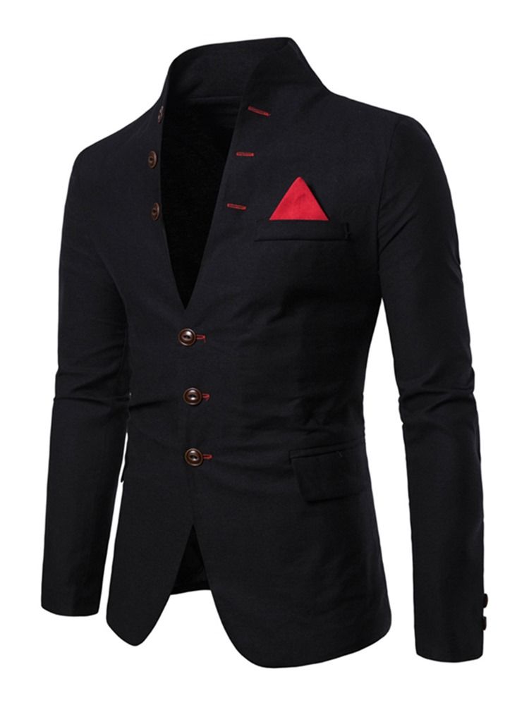 Plain Stand Collar Single-breasted Pocket Mens Casual Blazer