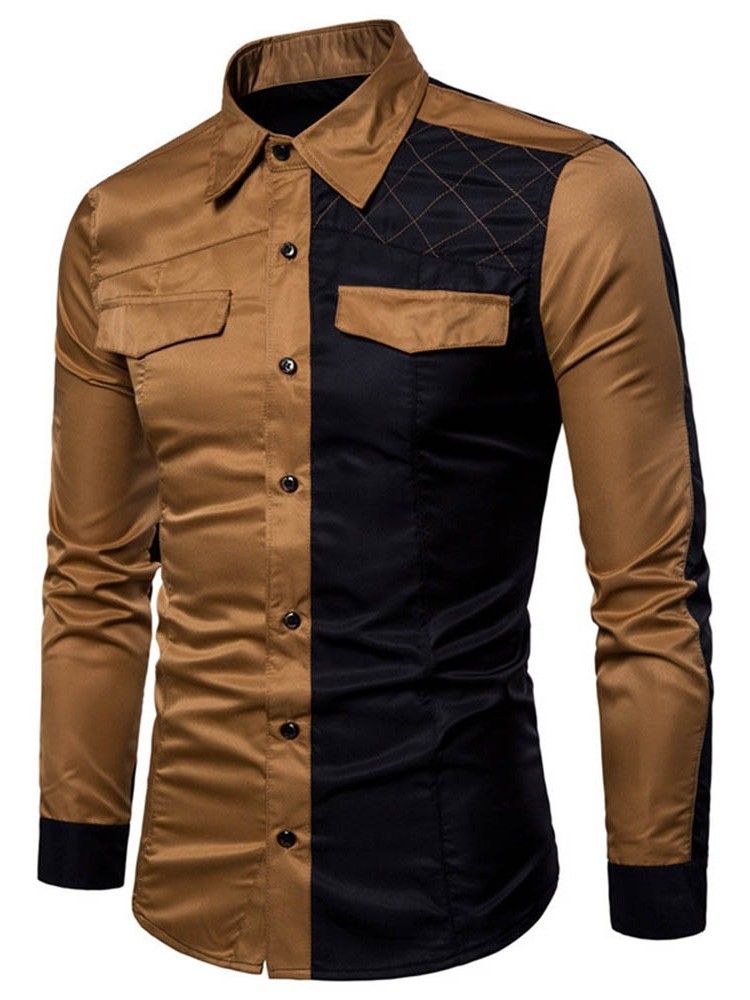 Casual Color Block Pocket Herre Slim Shirt