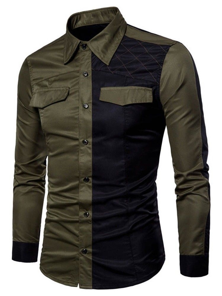 Casual Color Block Pocket Herre Slim Shirt