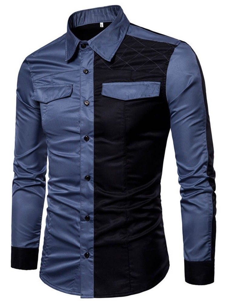 Casual Color Block Pocket Herre Slim Shirt