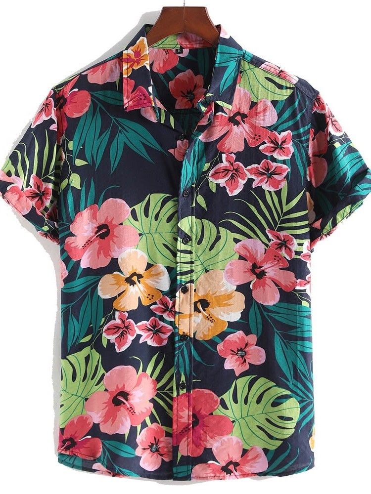 Casual Floral Revers Single-breasted Men's Print Shirt