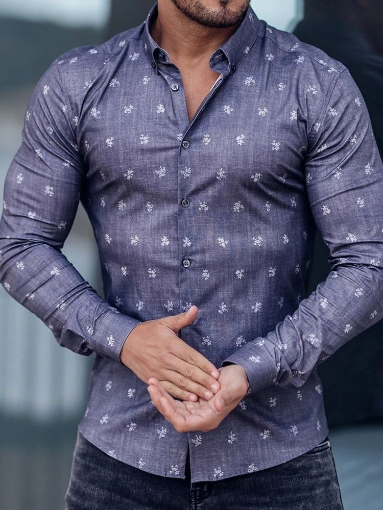 Casual Lapel Button Print Herre Slim Shirt