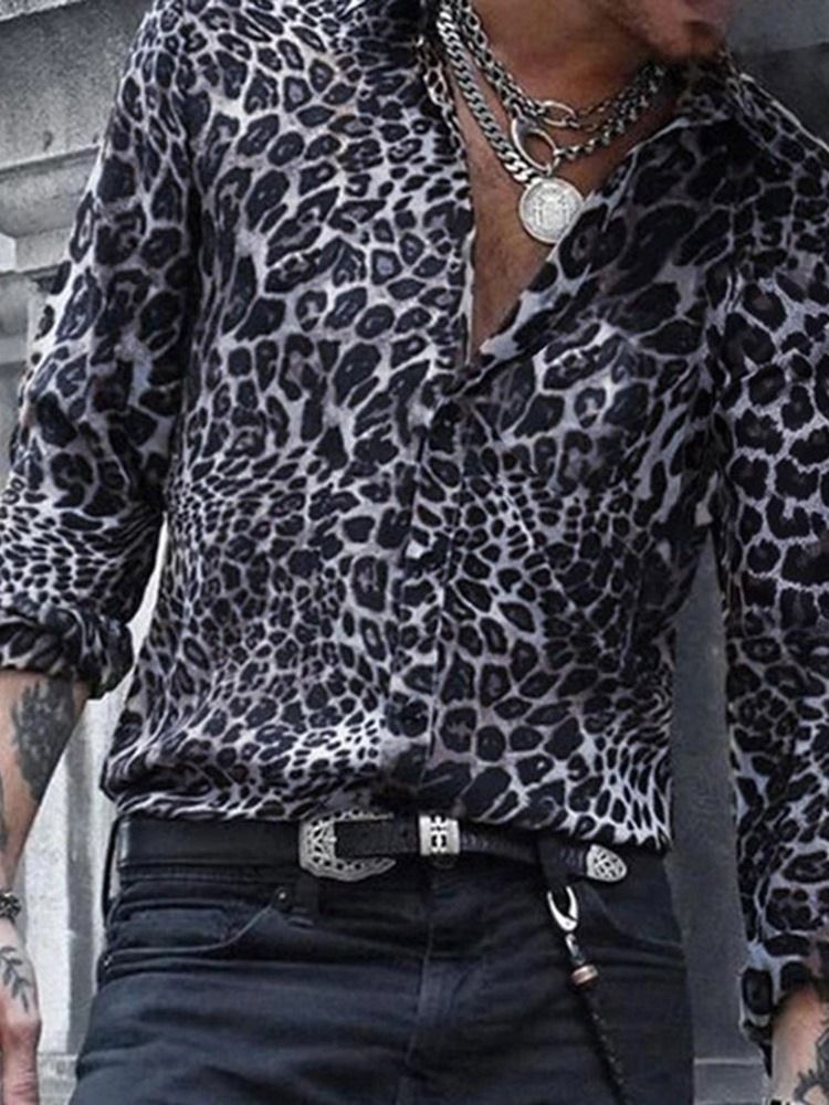 Casual Lapel Leopard Herre Slim Shirt