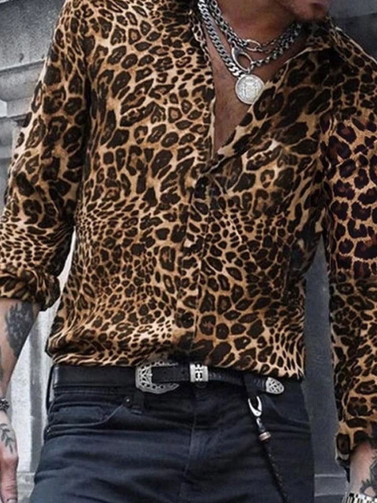 Casual Lapel Leopard Herre Slim Shirt