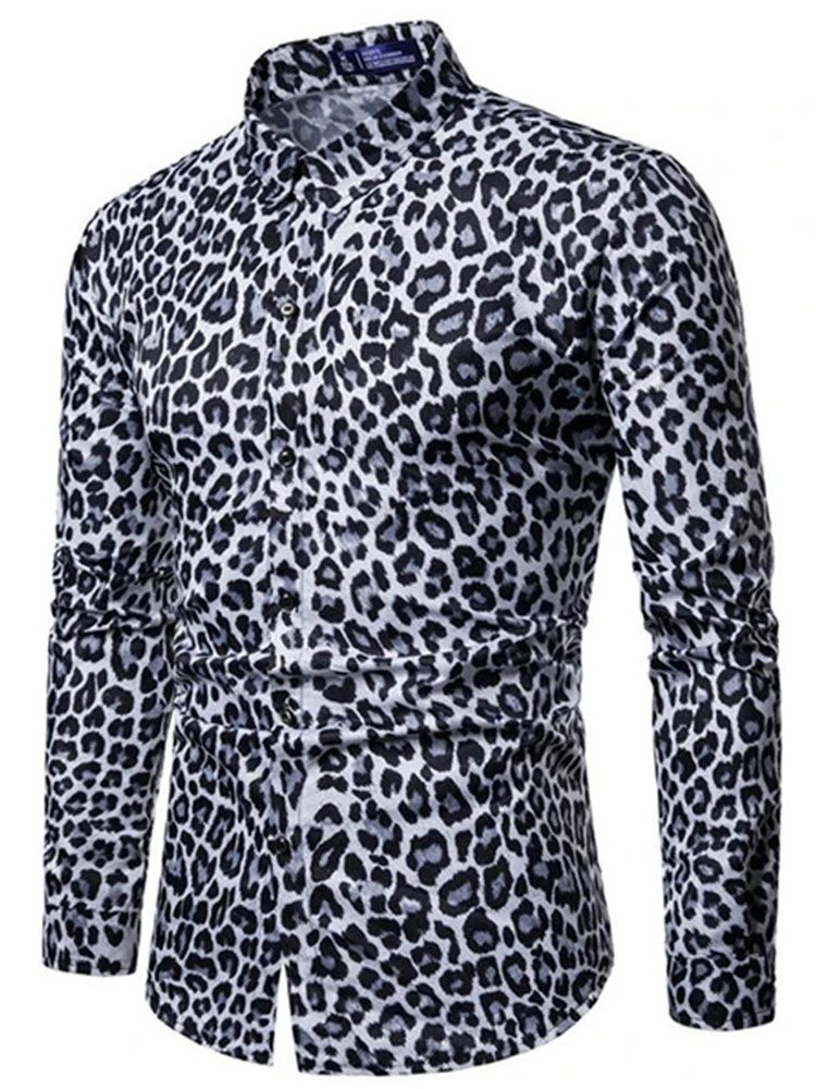 Casual Lapel Leopard Herre Slim Shirt