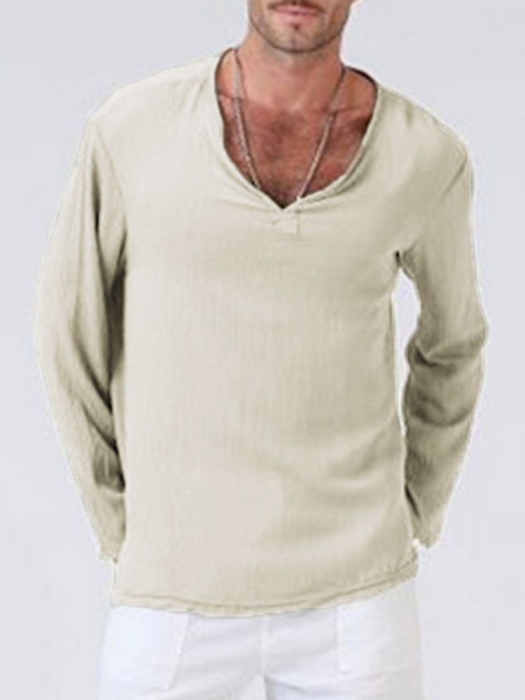 Casual Plain V-neck Mænds Løs T-shirt