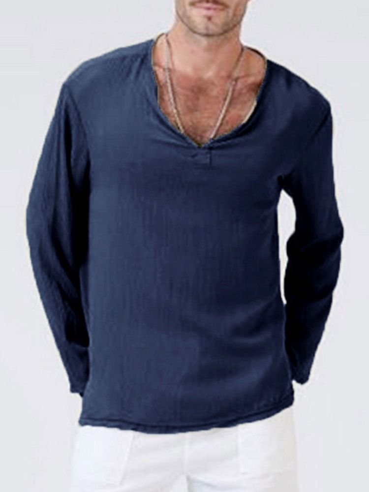 Casual Plain V-neck Mænds Løs T-shirt