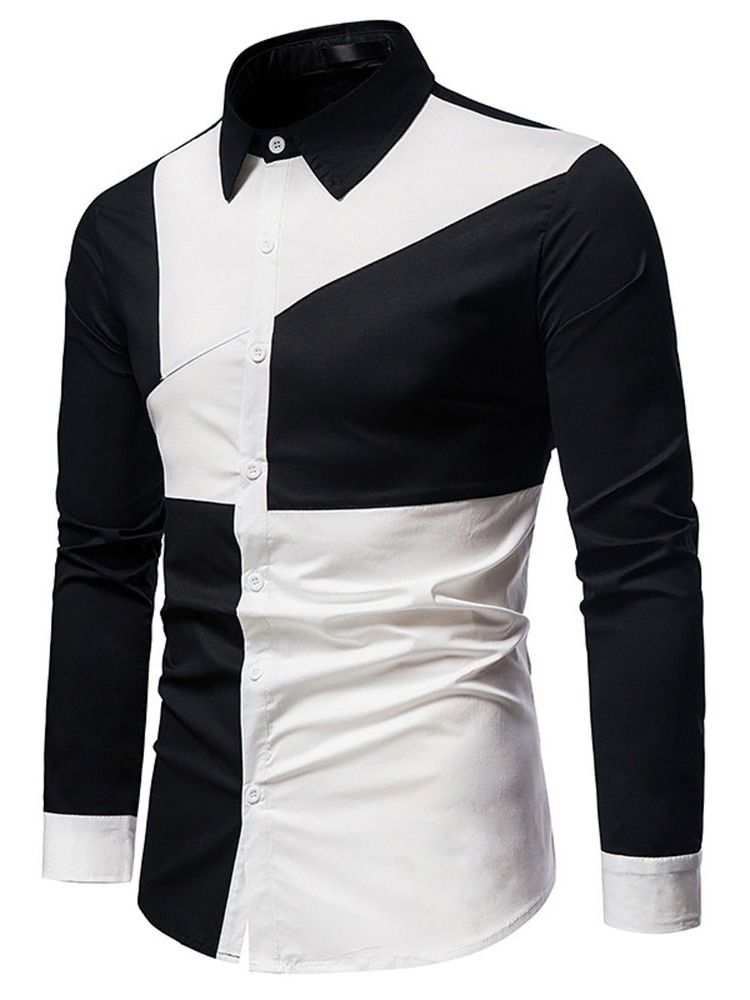 Color Block Casual Asymmetric Slim Slim Spring Shirt Til Mænd