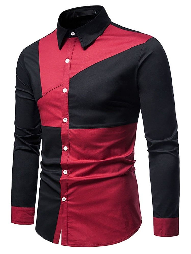 Color Block Casual Asymmetric Slim Slim Spring Shirt Til Mænd