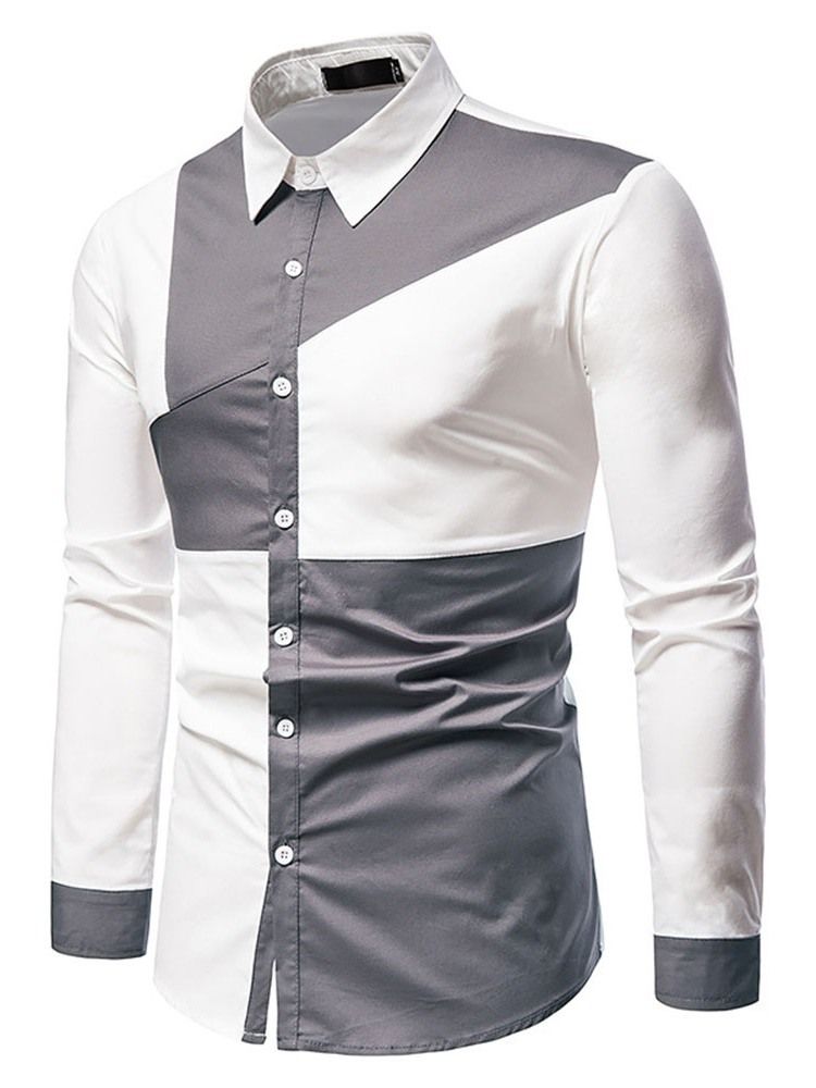 Color Block Casual Asymmetric Slim Slim Spring Shirt Til Mænd