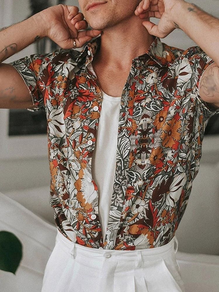 Floral Lapel Single-breasted Men's Shirt