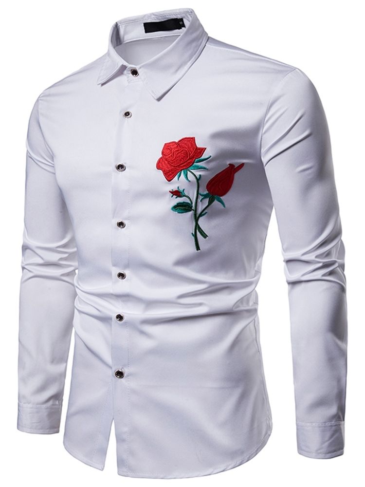 Floral Printed Slim Button Up Revers Herre Casual Dress Shirts