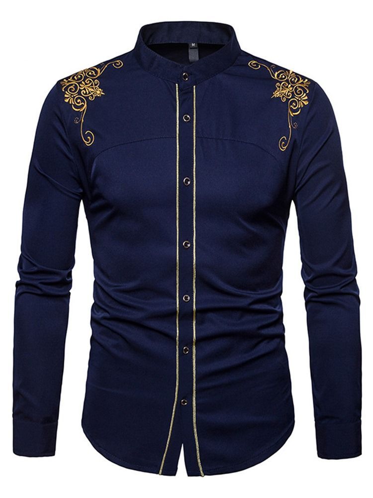 Golden Embroidery Plain Men's Single Breasted Shirt