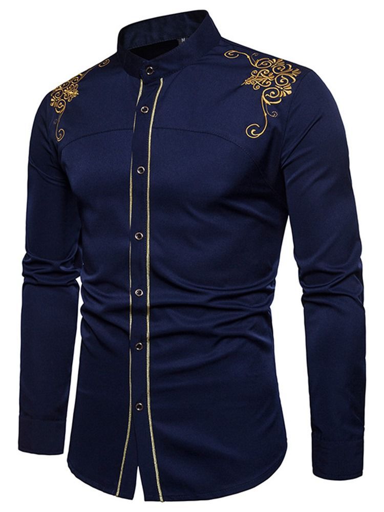 Golden Embroidery Plain Men's Single Breasted Shirt