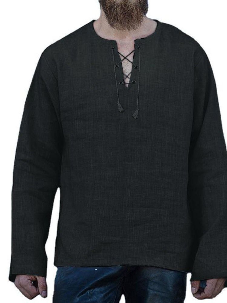 Lace-up Plain Straight Spring Men's Shirt