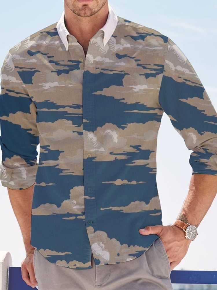 Lapel Cloud Print Herre Slim Shirt