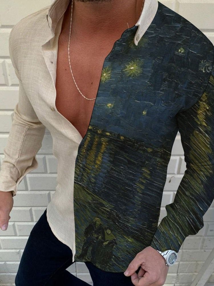 Lapel Painting Print Herre Slim Shirt