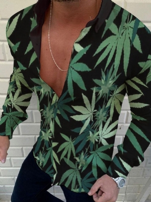 Leaf Print Herre Slim Green Shirt