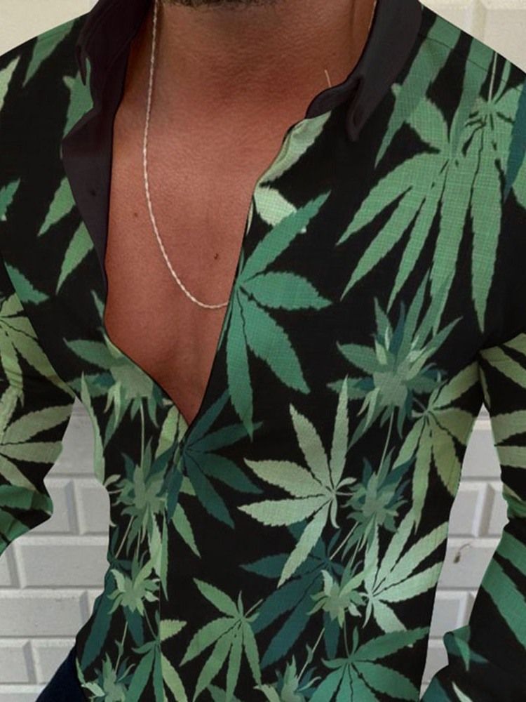 Leaf Print Herre Slim Green Shirt