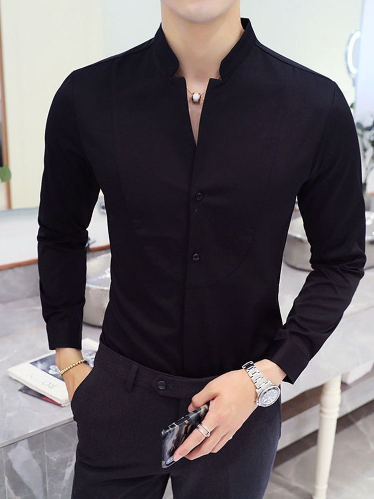 Plain Casual Stand Collar Herre Slim Spring Shirt