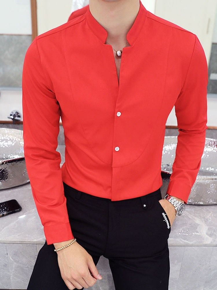 Plain Casual Stand Collar Herre Slim Spring Shirt