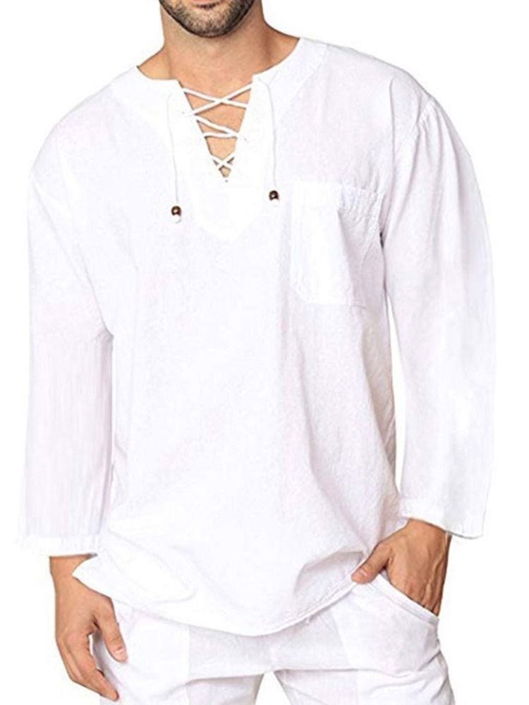 Plain Lace-up Herre Casual Loose Shirt