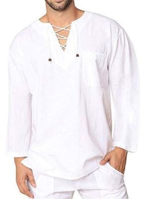 Plain Lace-up Herre Casual Loose Shirt