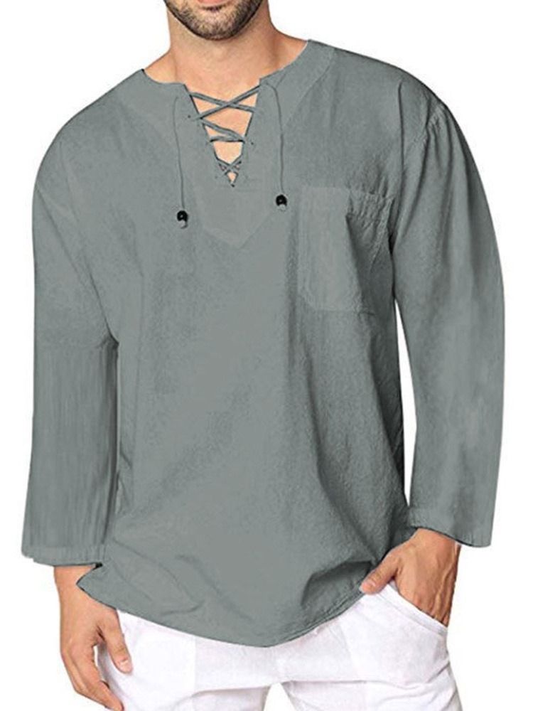 Plain Lace-up Herre Casual Loose Shirt