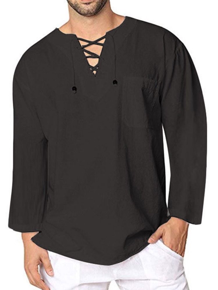 Plain Lace-up Herre Casual Loose Shirt