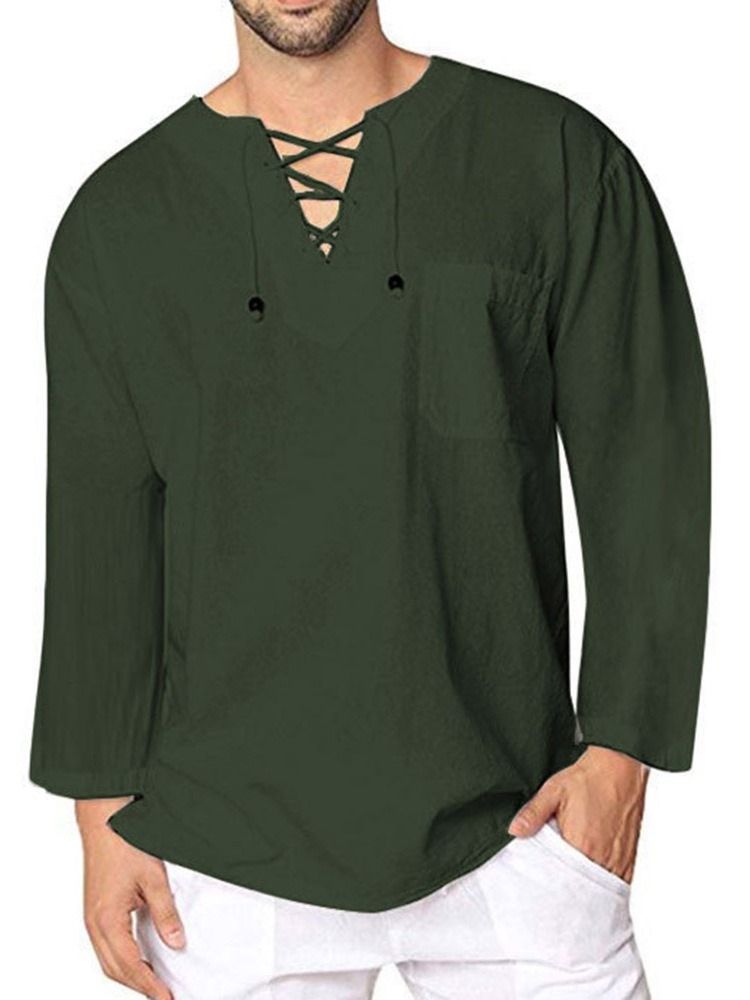 Plain Lace-up Herre Casual Loose Shirt