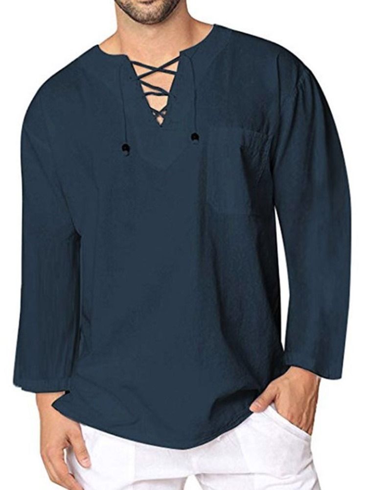 Plain Lace-up Herre Casual Loose Shirt