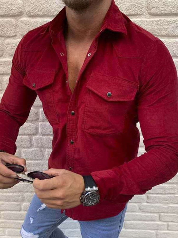 Pocket Lapel Plain Single-breasted Men's Shirt