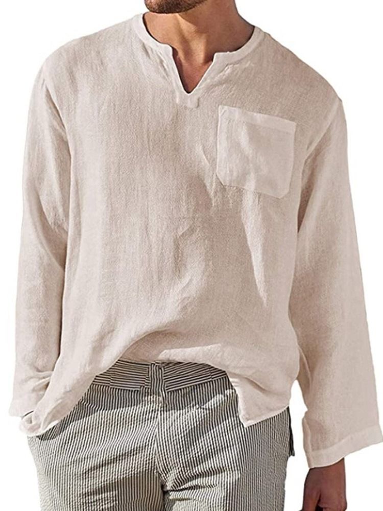 Pocket Plain Stand Collar Loose Shirt Til Mænd