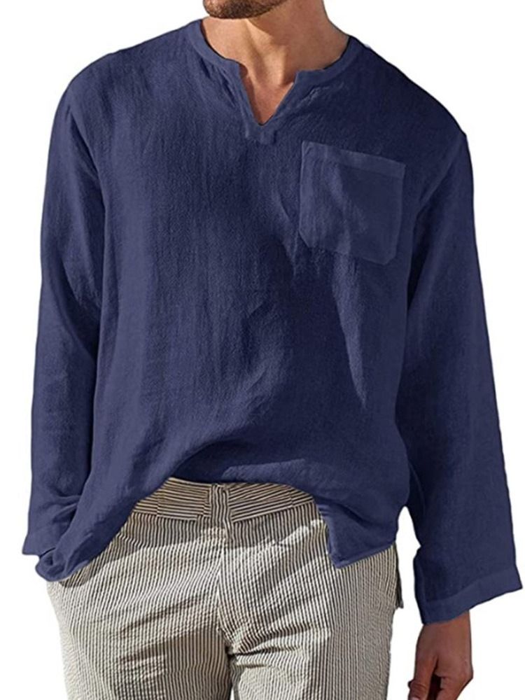 Pocket Plain Stand Collar Loose Shirt Til Mænd