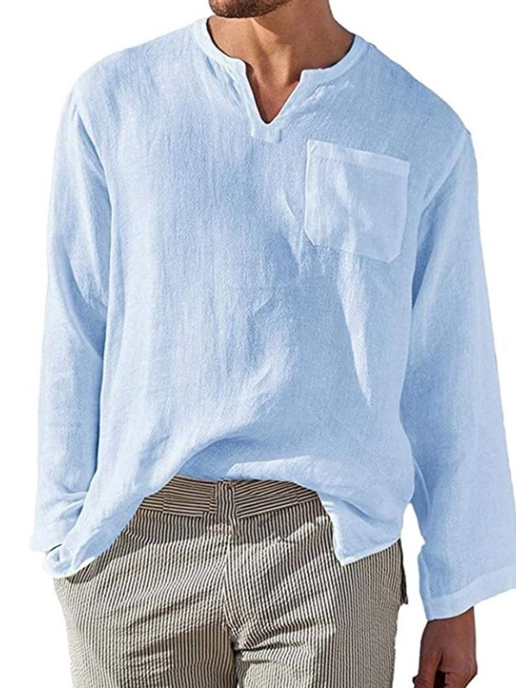 Pocket Plain Stand Collar Loose Shirt Til Mænd