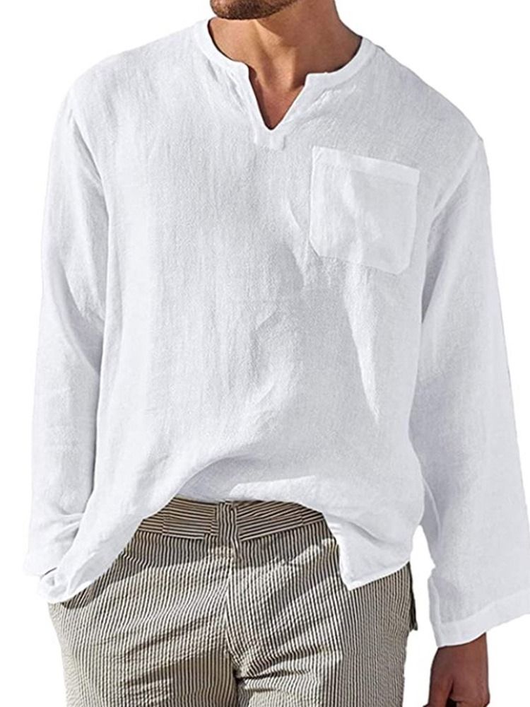 Pocket Plain Stand Collar Loose Shirt Til Mænd