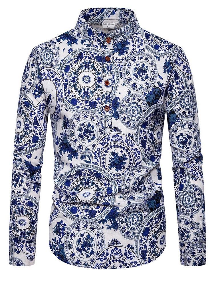 Print Etnisk Blomstermænds Slim Fall Shirt