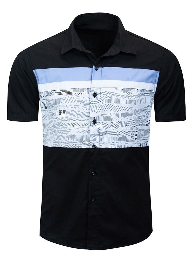 Print Revers Single-breasted Short Sleeve Men's Slim Shirt