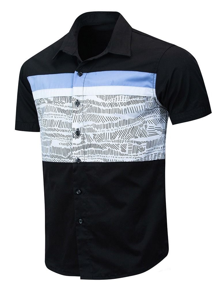 Print Revers Single-breasted Short Sleeve Men's Slim Shirt